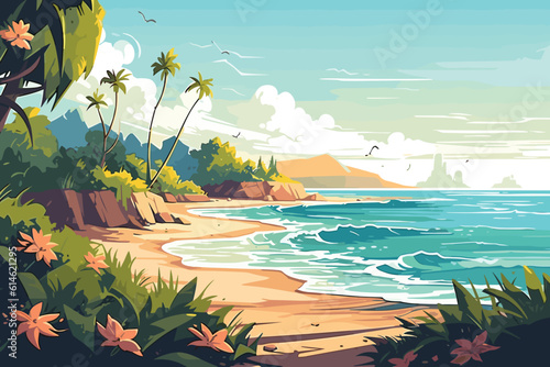 The tropical landscape of coast beautiful sea shore beach on good sunny day flat vector art illustration background generative ai