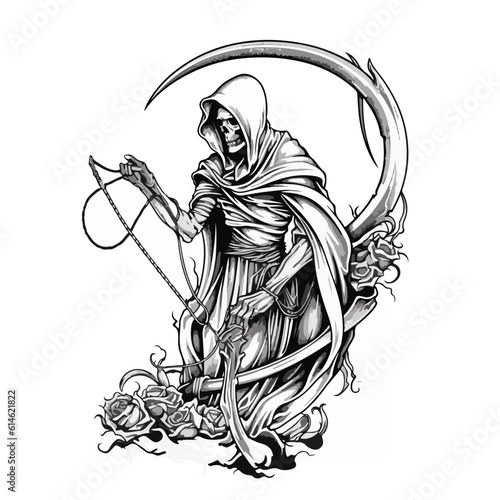 Black and white drawing of a grim reaper of death with a scythe. For your design or tattoo