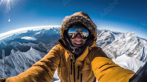 hiker at the top of a pass making selfie against snow capped mountains in Alps