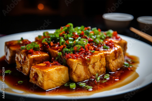 a plate of tofu cooked in a spicy sauce