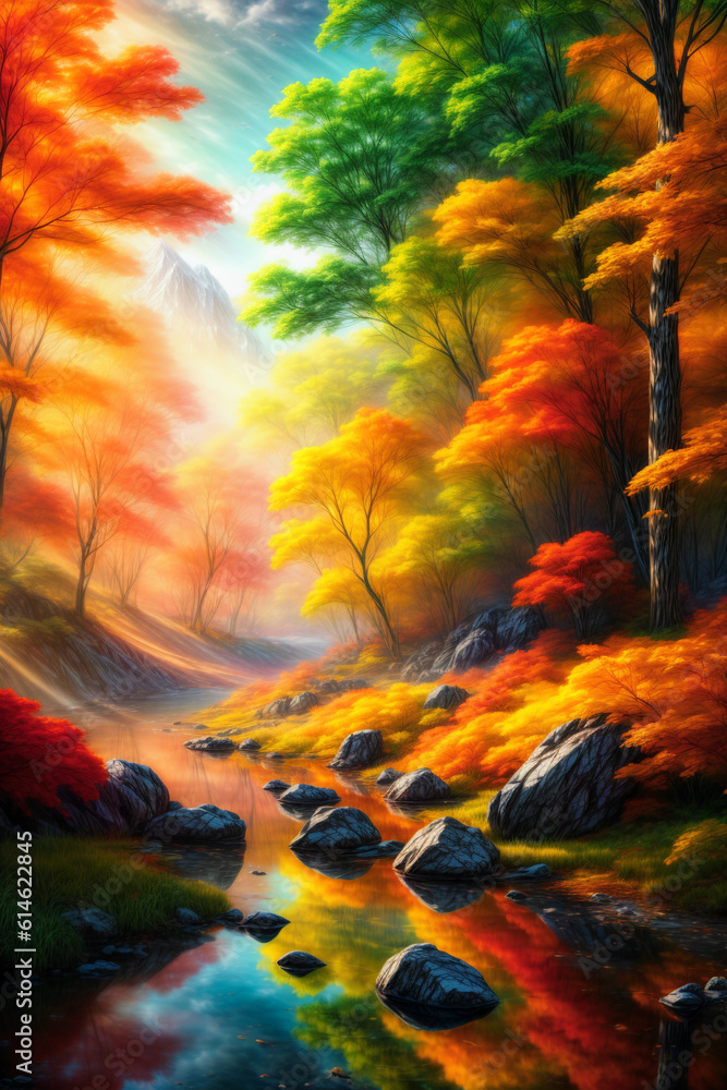 River in forest during autumn, painting, Generative AI illustrations
