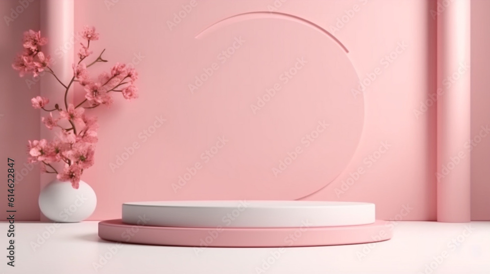 Pink tropical flowers background abstract. Minimal pedestal for beauty product display stand with Generative Ai. Pink tropical flowers background abstract. Minimal pedestal for beauty product display stand with Generative Ai.