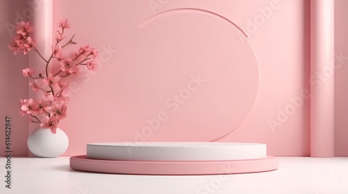 Pink tropical flowers background abstract. Minimal pedestal for beauty product display stand with Generative Ai.
