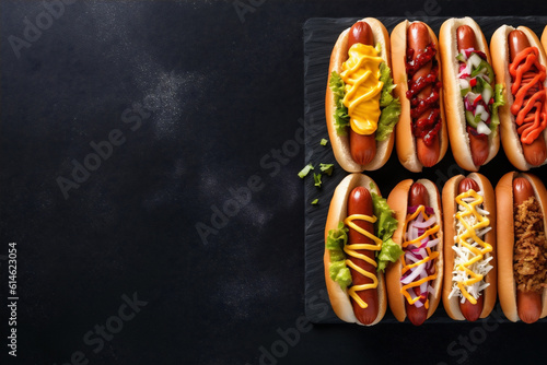 dog food hot fast meat sausage vegetable bread background sauce american. Generative AI.