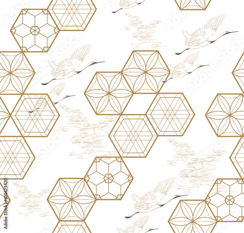 Crane birds vector. Japanese seamless pattern with geometric pattern vector. Asian background with oriental decoration in vintage style. 