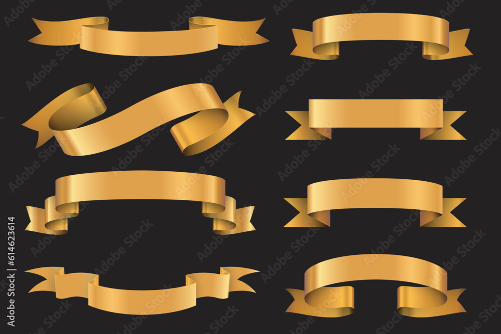 Collection golden ribbons banner various shapes ribbons design elements black background graphic designer Collection golden ribbons banner various shapes ribbons design elements black background graphic designer