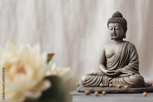Buddha statue in meditation with lotus flower on light neutral background. Selective focus. Meditation  spiritual health  peace  searching zen concept.