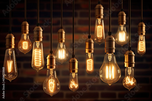 Decorative antique Edison style light bulbs, different shapes of retro lamps on dark background. Cafe or restaurant decoration details. Set of vintage glowing light bulbs, loft interior. AI generative