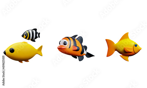 Funny tropical fish. Clownfish, angelfish, butterflyfish 3d