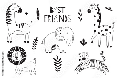 Set of cute wild animals including lion, tiger, zebra, giraffe and elephant. Safari jungle animals vector in doodle style.