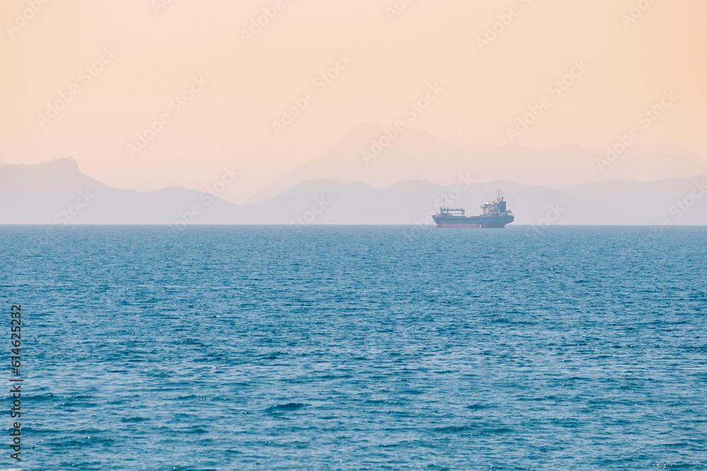 Cargo freight tanker ship in the distance of a vast sea