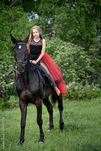 Cute girl with long hair riding a horse outdoors, a beautiful frame with a horse