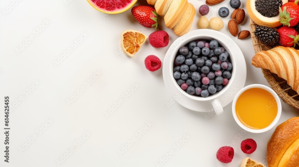 Fresh fruits and hot drink on a white background for healthy food concept copy space flat lay style. Generative Ai Fresh fruits and hot drink on a white background for healthy food concept copy space flat lay style. Generative Ai