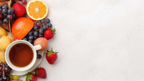 Fresh fruits and hot drink on a white background for healthy food concept copy space flat lay style. Generative Ai