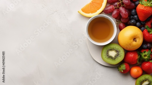 Fresh fruits and hot drink on a white background for healthy food concept copy space flat lay style. Generative Ai