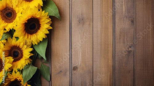 Sunflowers on wooden background. Generative Ai
