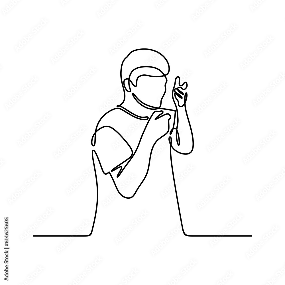 continuous line drawing of young man smelling coffee in cup and looking disgusted
