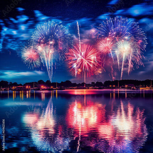 blue, white and red fireworks over the river, night, 4th of July, USA, patriotic