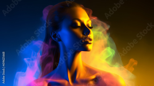 woman in neon smoke.
