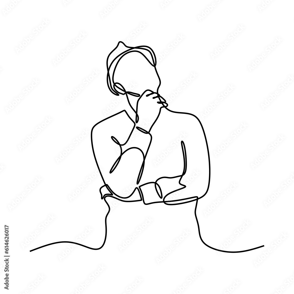 continuous line drawing of confident thoughtful young holding hand on his chin and thinking about business continuous line drawing of confident thoughtful young holding hand on his chin and thinking about business