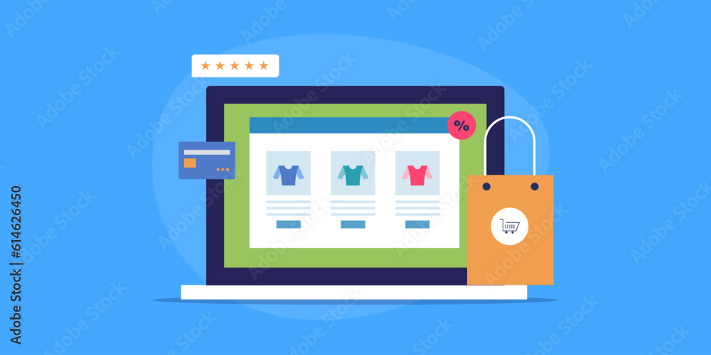 Ordering online items from ecommerce website, internet payment transaction using credit card information, shopping bag and laptop screen with rating, vector illustration. Ordering online items from ecommerce website, internet payment transaction using credit card information, shopping bag and laptop screen with rating, vector illustration.