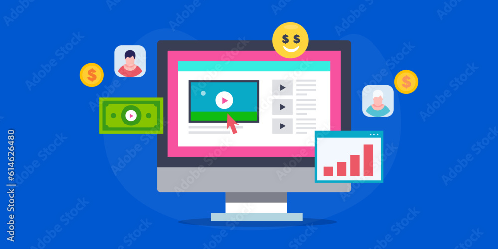 Video content creator makes money from social media channel, earning from video advertising revenue sharing, Vector illustration background. Video content creator makes money from social media channel, earning from video advertising revenue sharing, Vector illustration background.