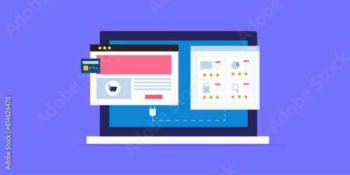 Ecommerce web store plug-in software digital technology for better user experience and website functionality system on laptop screen. Vector illustration web template.