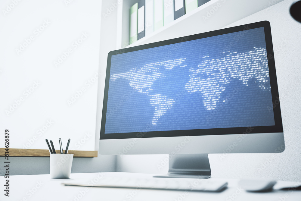 Computer monitor with abstract creative digital world map, globalization concept. 3D Rendering Computer monitor with abstract creative digital world map, globalization concept. 3D Rendering