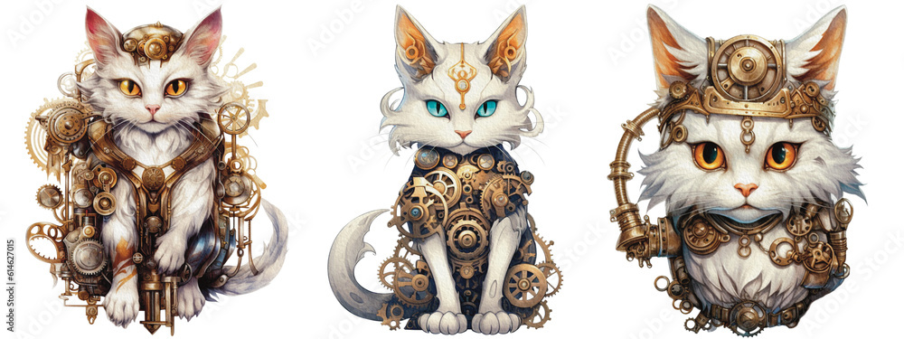 Set of a fantastic portrait cat of an attractive steampunk style. animal as mechanical cyber animal isolated on a transparent background, generative AI technology