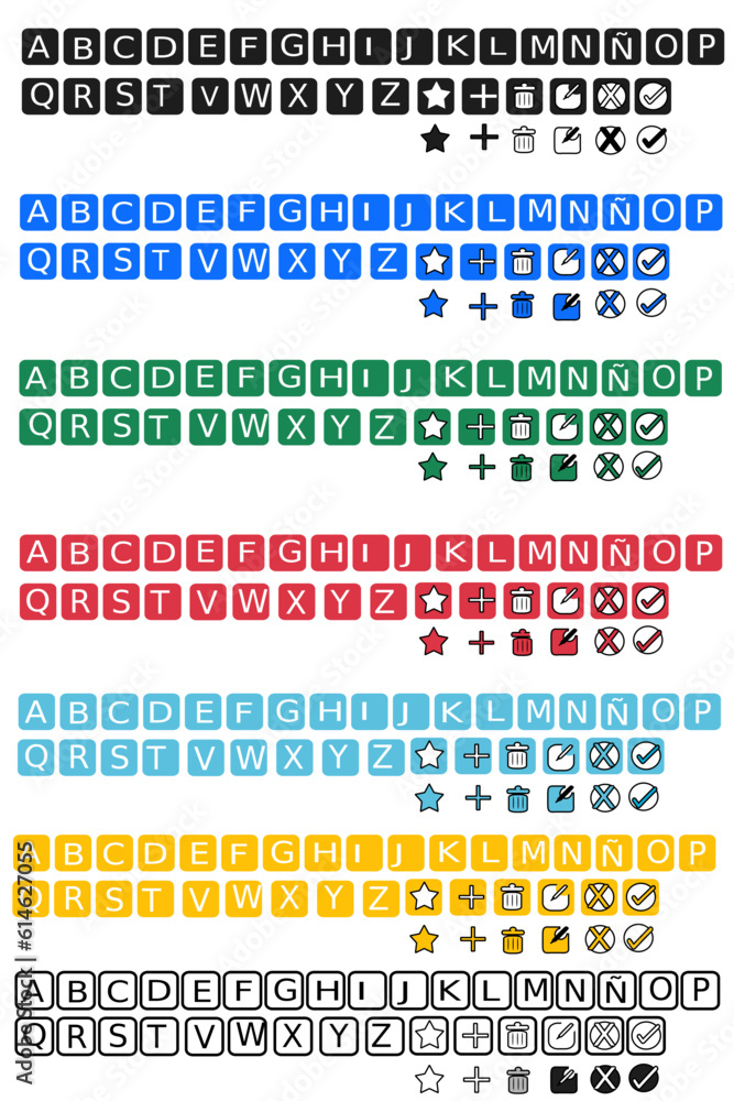 set alphabet uppercase + icons, bootstrap theme, dark and high contrast, star, edit, trash, cancel, accept.