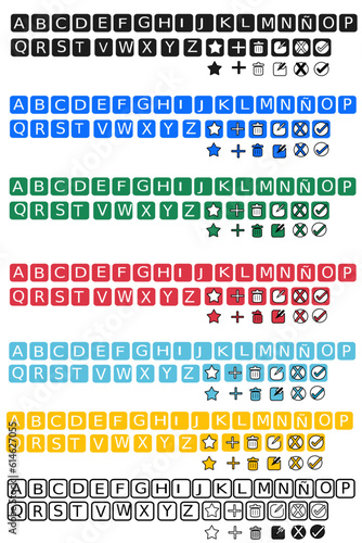 set alphabet uppercase + icons, bootstrap theme, dark and high contrast, star, edit, trash, cancel, accept.