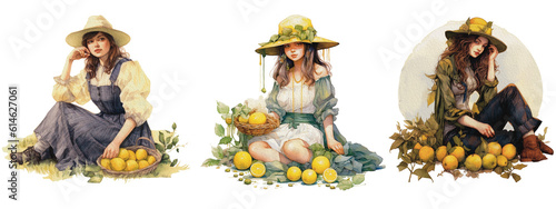 A portrait of an attractive Lemon farm woman on the farm. Created with Generative AI PNG watercolor file