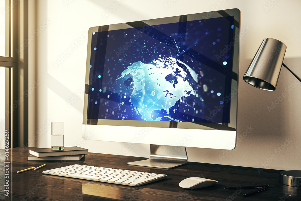 Modern computer screen with abstract graphic coding sketch and world map, big data and networking concept. 3D Rendering Modern computer screen with abstract graphic coding sketch and world map, big data and networking concept. 3D Rendering
