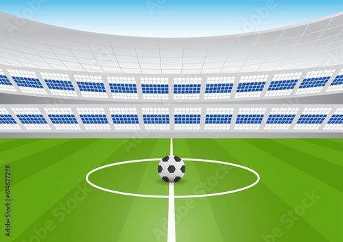Football Stadium or Soccer Stadium at Night. Football Field or Soccer Field Stadium. Vector Illustration. 
