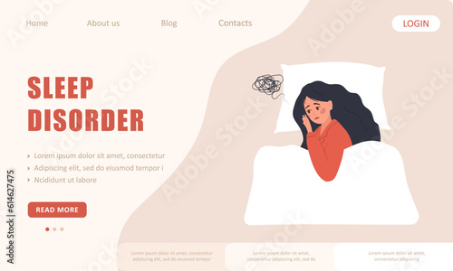 Sleep disorder landing page template. Tired woman suffer from insomnia. Sleepless female character lying in bed and thinking about problems. Vector illustration in cartoon style. Menopause concept.