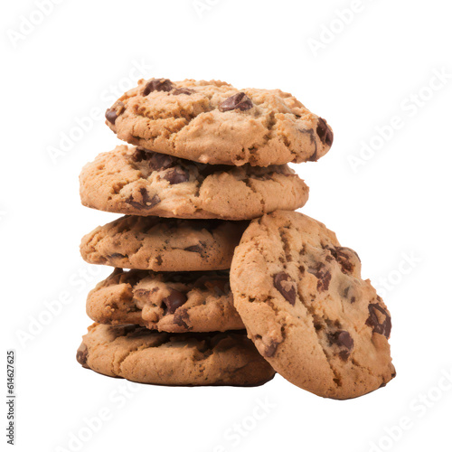 Chocolate chip cookies isolated on transparent background. Generative AI.
