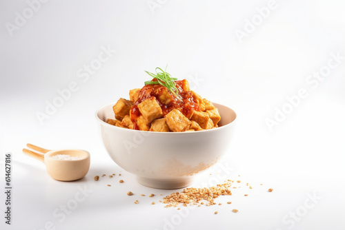 a bowl of tofu with hot sauce on a white background