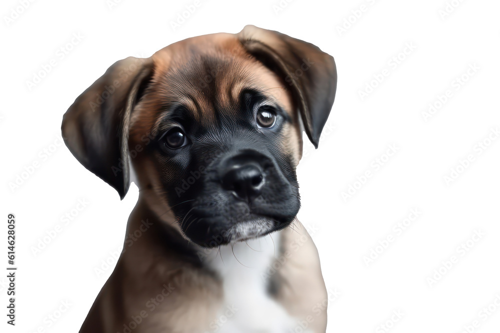 Cute puppy portrait isolated on transparent background. Generative AI.