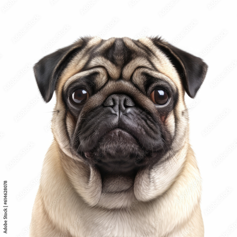Pug dog portrait isolated on a white background, ai generative