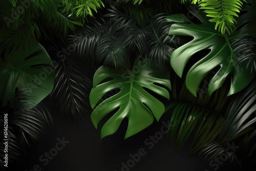 Background with exotic tropical plants in modern style. Trendy design of colorful jungle background. Natural textile trendy wallpaper print. AI Generation