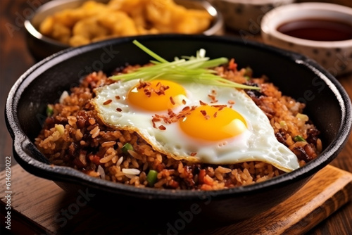 a plate of fried rice with sunny side up egg