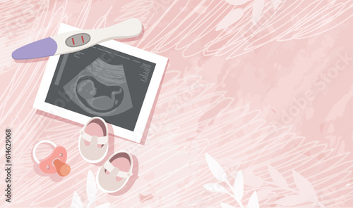 Positive pregnancy test, embryo ultrasound scan, nipple, pink banner preparation for pregnancy and childbirth, parenthood. Modern flat cartoon vector card with copy space.