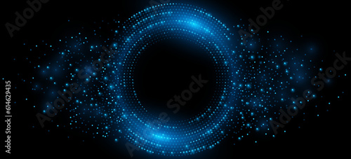 Digital circles of blue glowing dots. Big Data visualization into cyberspace. Network Information Decay. Futuristic modern background. Vector illustration.