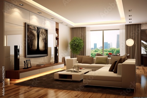 Beautiful living room interior with hardwood floors, view of kitchen and dining room in new luxury home,Generative AI