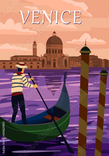 Retro Poster Venice Italia. Grand Canal, gondolier, architecture, vintage style card. Vector illustration postcard