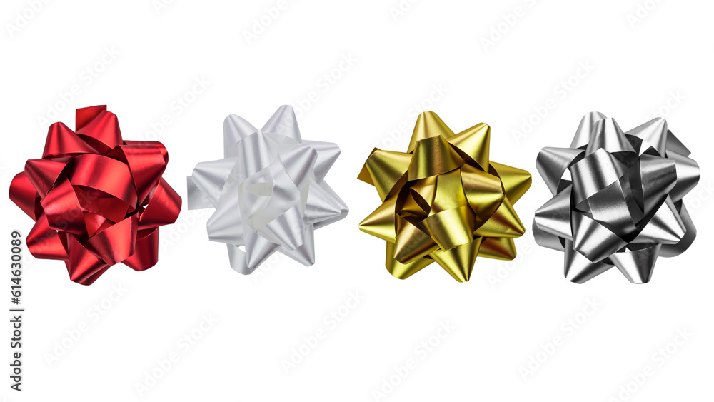 Gold bow ribbon decor element package. Shiny golden, red, white and silver satin decorations gift present, holiday design, isolated white background. Symbol Christmas, New Year celebration, birthday Gold bow ribbon decor element package. Shiny golden, red, white and silver satin decorations gift present, holiday design, isolated white background. Symbol Christmas, New Year celebration, birthday
