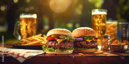 two cheese burgers with beer outdoors on picnic table created with generative AI