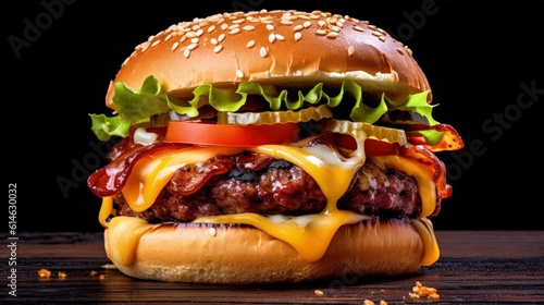 meaty cheeseburger with bacon on dark background created with generative AI
