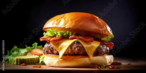 tasty cheese burger on dark background created with generative AI