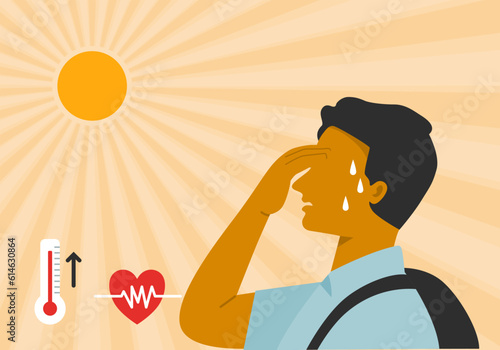 A man has heat stroke with heart rate and high temperature symbol, flat vector illustration.